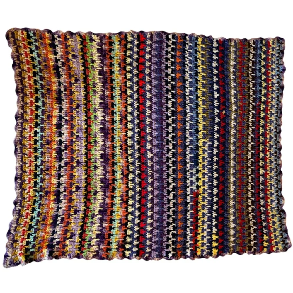 Rare Vintage 60s 70s Multicolor Crochet Afghan Psychedelic Scrappy Blanket Quilt